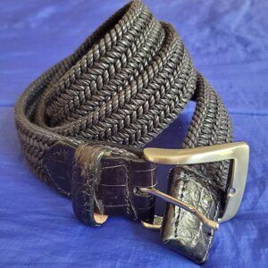 NWOT W Kleinberg Men 38 Belt Adjusts BLACK Leather Crock Trim Woven Brass Buckle